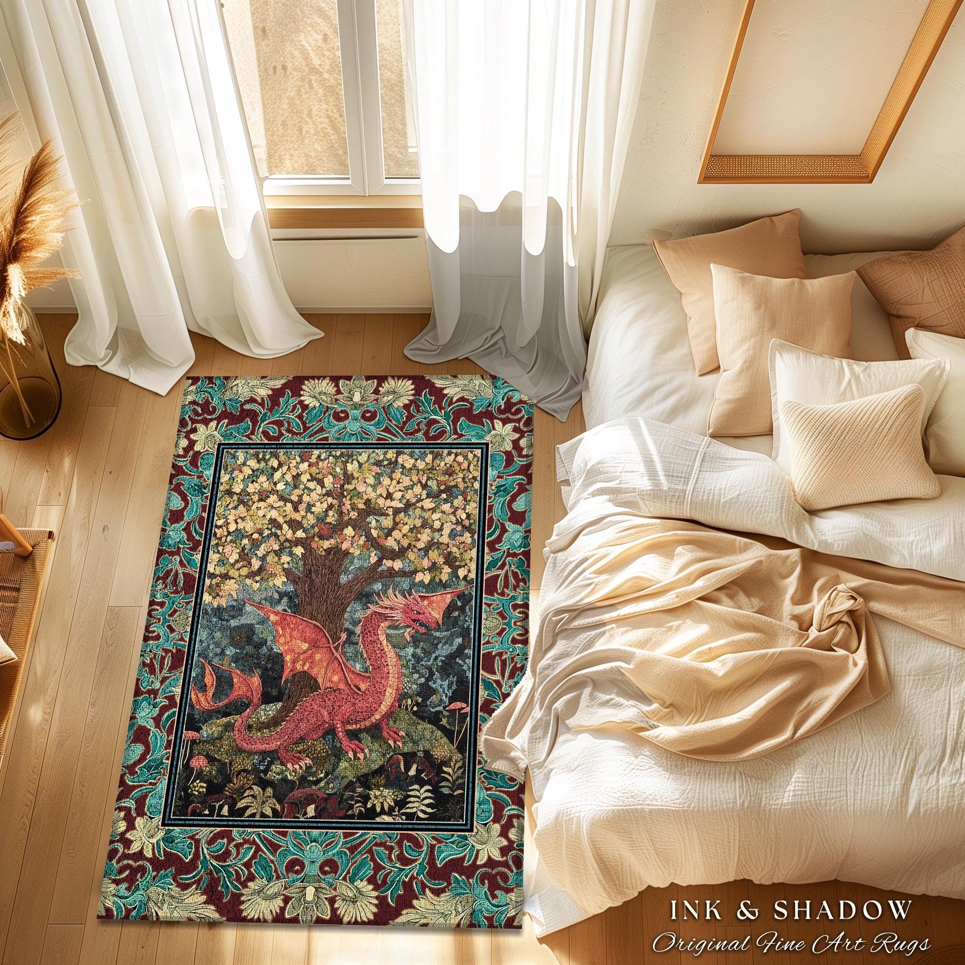 Mystical Fantasy Botanical Dragon Rug | Romantic Victorian Floral Medieval Gothic Bedroom Tree of Life Mythical Beasts Library Aesthetic Art