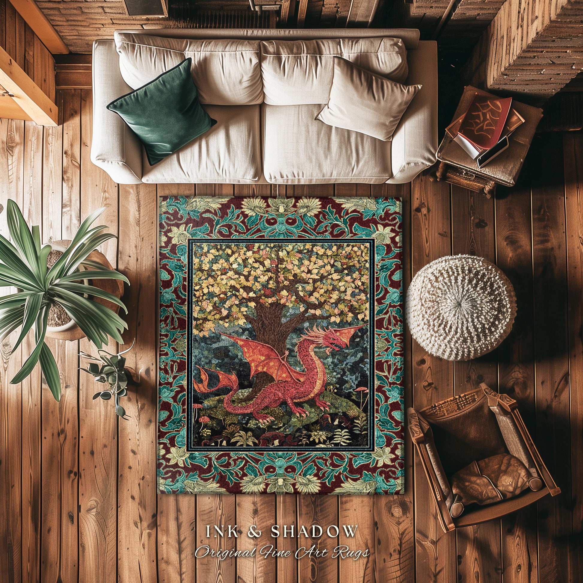 Mystical Fantasy Botanical Dragon Rug | Romantic Victorian Floral Medieval Gothic Bedroom Tree of Life Mythical Beasts Library Aesthetic Art