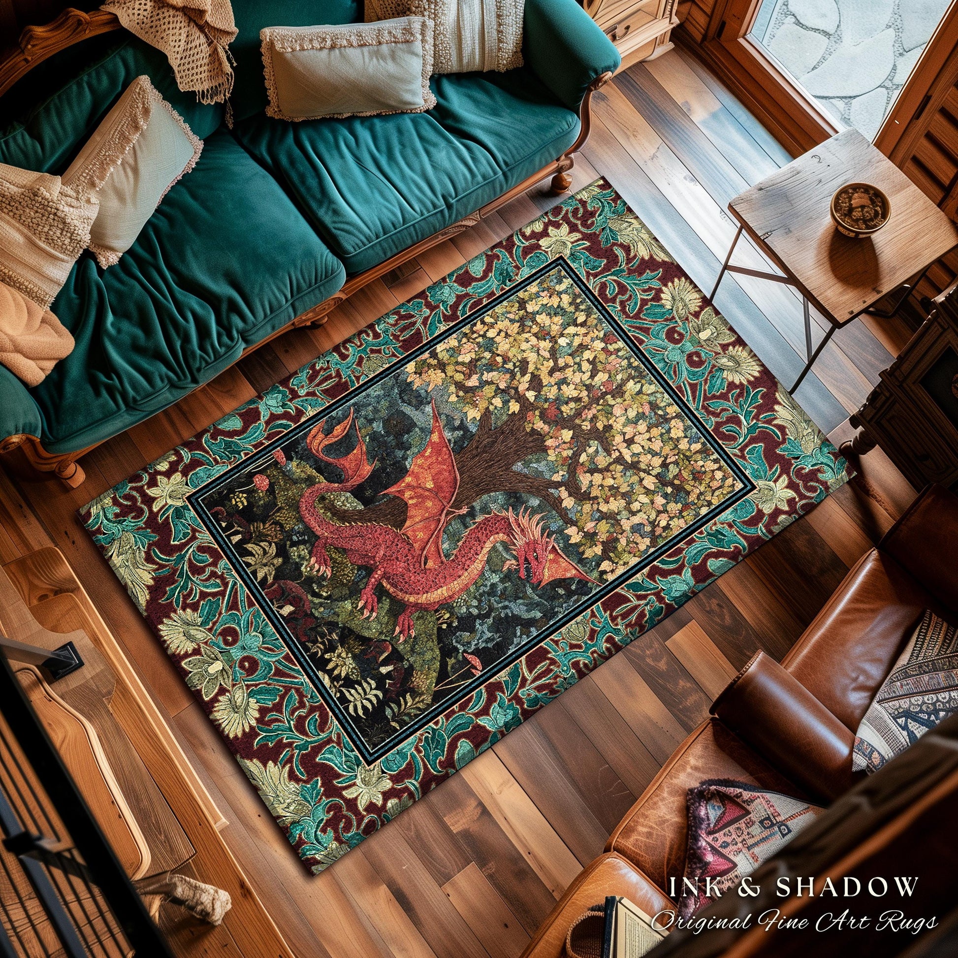 Mystical Fantasy Botanical Dragon Rug | Romantic Victorian Floral Medieval Gothic Bedroom Tree of Life Mythical Beasts Library Aesthetic Art