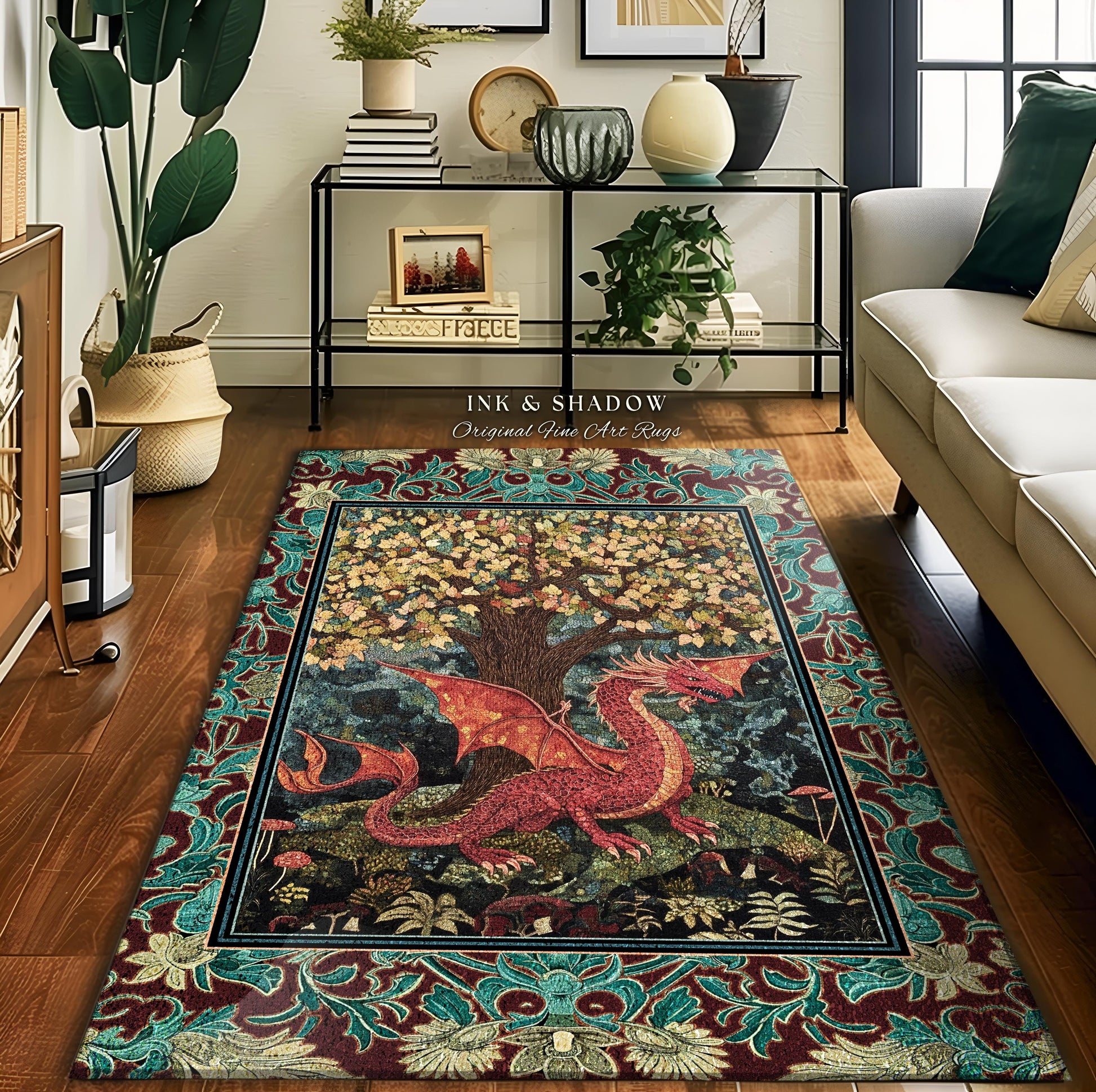 Mystical Fantasy Botanical Dragon Rug | Romantic Victorian Floral Medieval Gothic Bedroom Tree of Life Mythical Beasts Library Aesthetic Art