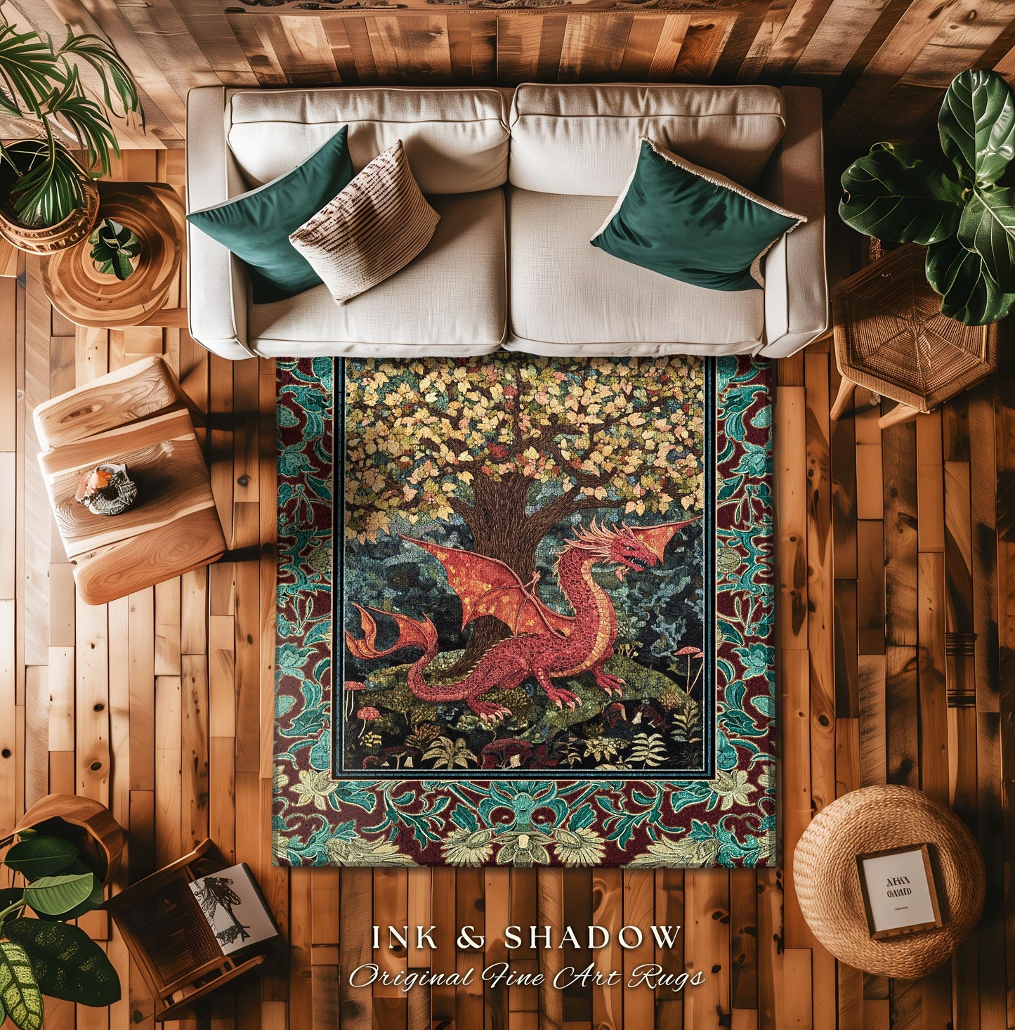 Mystical Fantasy Botanical Dragon Rug | Romantic Victorian Floral Medieval Gothic Bedroom Tree of Life Mythical Beasts Library Aesthetic Art