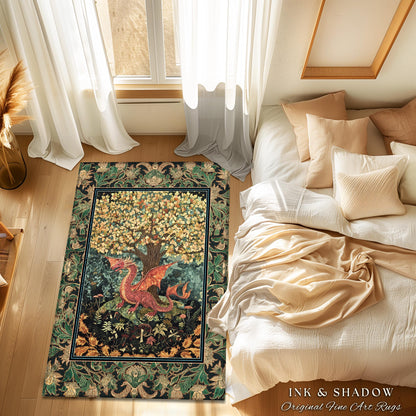 Moody Maximalist Dragon Area Rug | Dark Floral Cottagecore Home Accent Woodland Gothic Medieval Bedroom Decor Ethereal Fairytale Themed Art