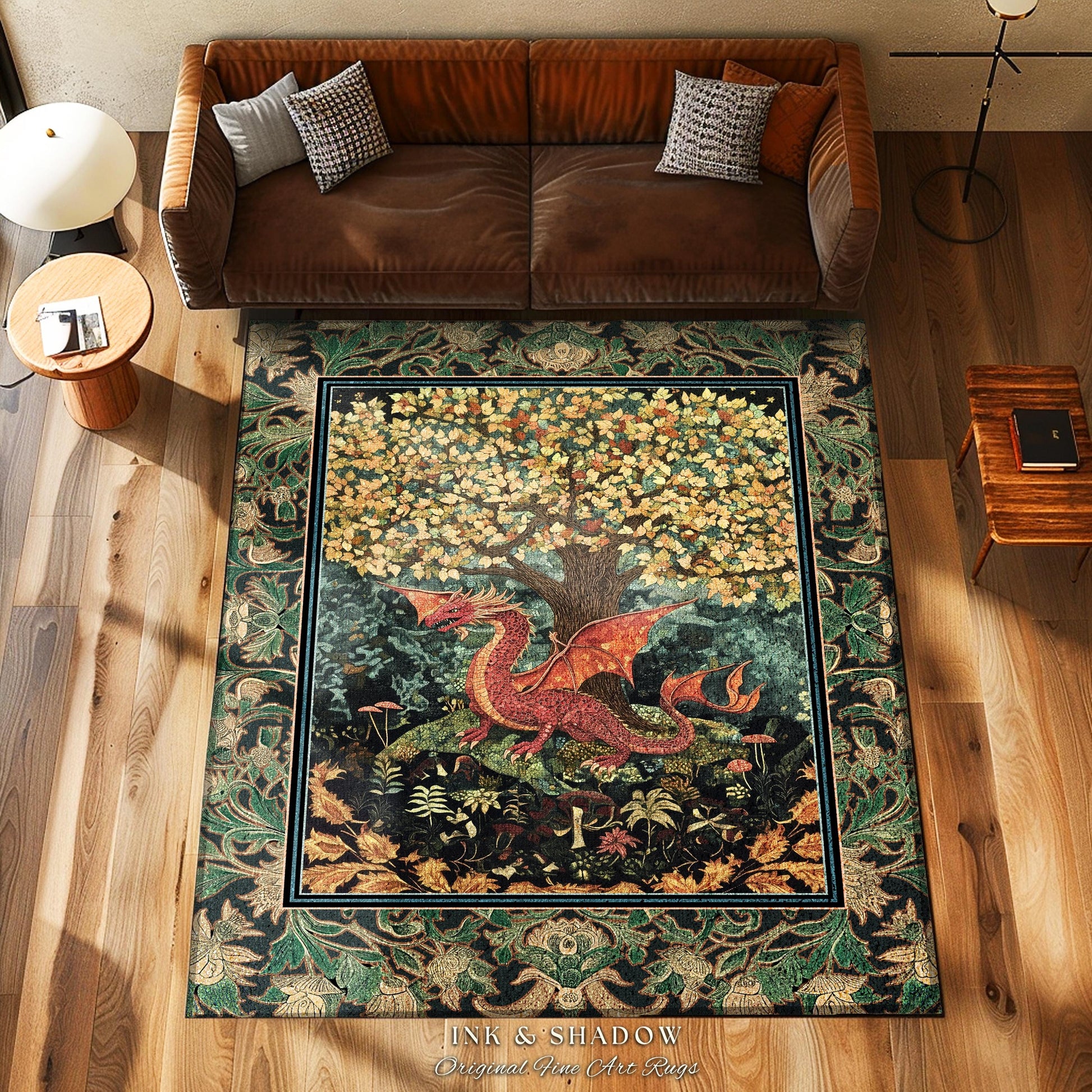 Moody Maximalist Dragon Area Rug | Dark Floral Cottagecore Home Accent Woodland Gothic Medieval Bedroom Decor Ethereal Fairytale Themed Art