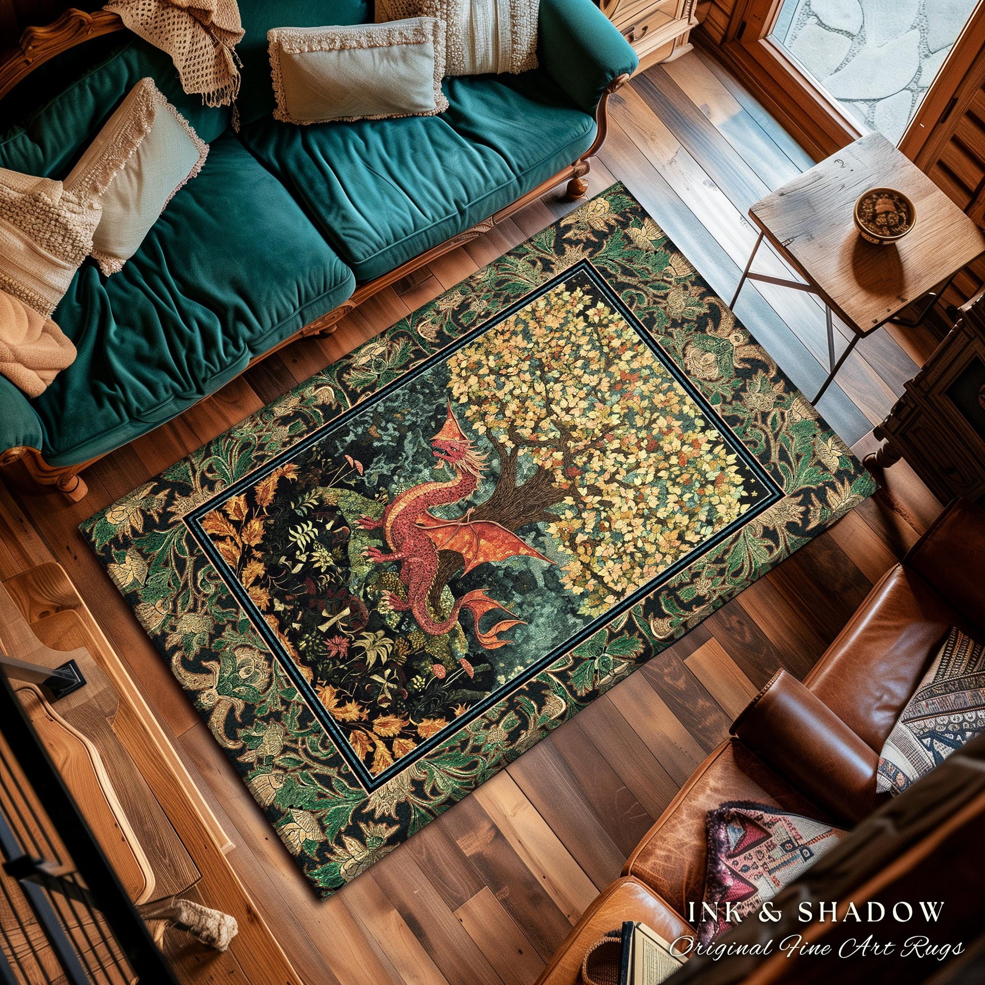 Moody Maximalist Dragon Area Rug | Dark Floral Cottagecore Home Accent Woodland Gothic Medieval Bedroom Decor Ethereal Fairytale Themed Art