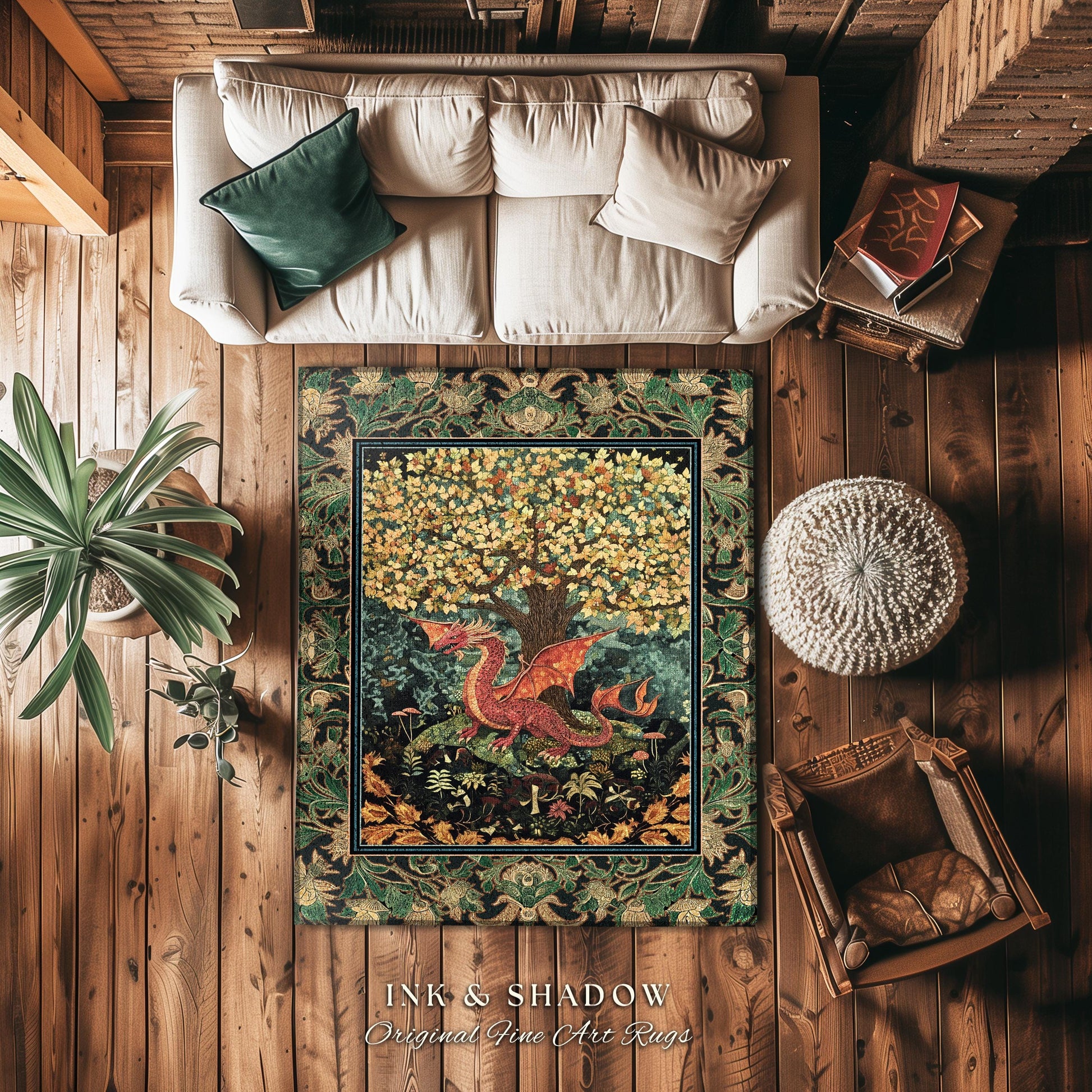 Moody Maximalist Dragon Area Rug | Dark Floral Cottagecore Home Accent Woodland Gothic Medieval Bedroom Decor Ethereal Fairytale Themed Art