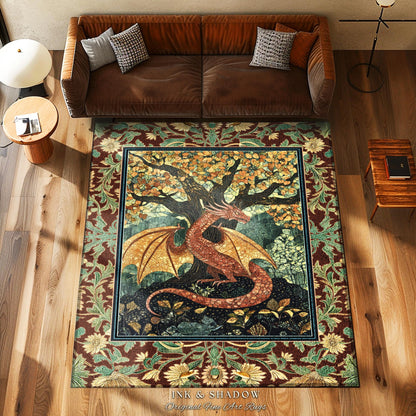 Modern Renaissance Dragon Accent Rug | Victorian Gothic Carpet Woodland Medieval Bedroom Ethereal Fairytale Gothic Dark Botanical Home Decor