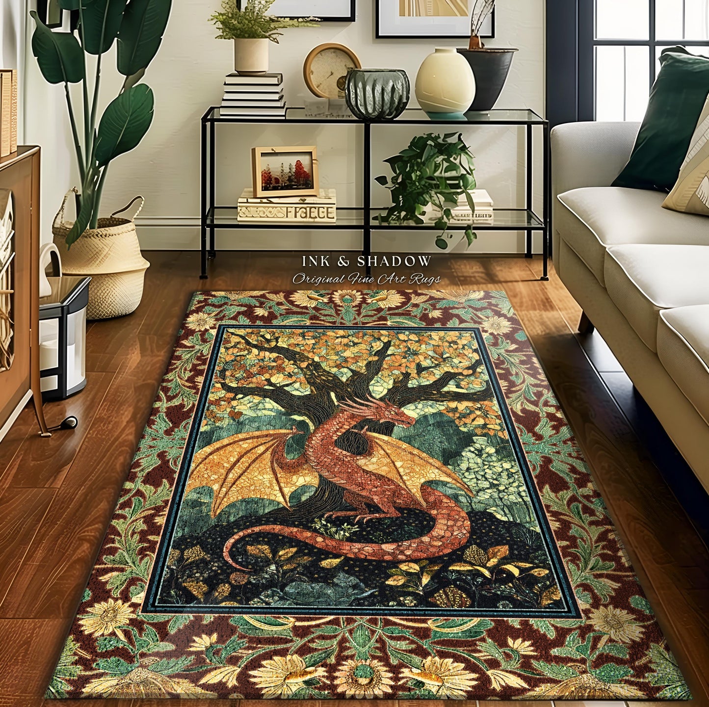 Modern Renaissance Dragon Accent Rug | Victorian Gothic Carpet Woodland Medieval Bedroom Ethereal Fairytale Gothic Dark Botanical Home Decor