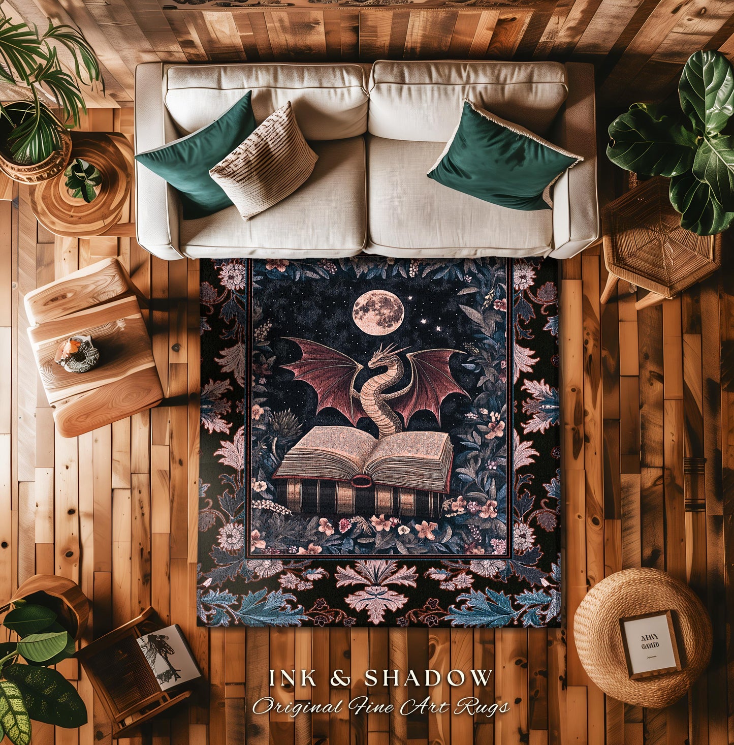 Dark Magic Dragon Theme Rug | Mystic Academia Medieval Fantasy Area Rug Moonlit Romantic Baroque Tree Ethereal Fantasy Reading Room Decor |