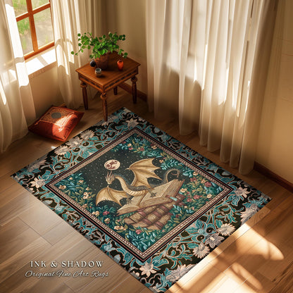 Fantasy Accent Rug Medieval Dragon | Medieval Library Aesthetic Gothic Cottagecore Decor for Book Nook Crowcore Fairytale Bedroom Area Rug |