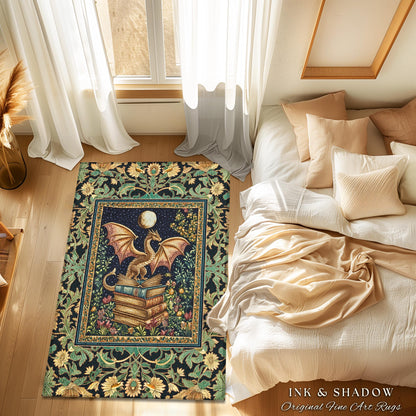 Moonlit Book Dragon Area Rug | Book Nook Victorian Floral Aesthetic Dark Academia Reading Room Storybook Accent Rug Book Lover Home Decor |