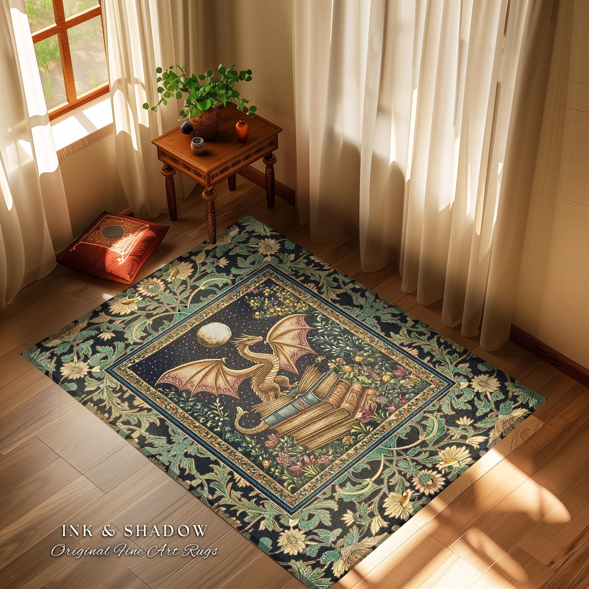 Moonlit Book Dragon Area Rug | Book Nook Victorian Floral Aesthetic Dark Academia Reading Room Storybook Accent Rug Book Lover Home Decor |