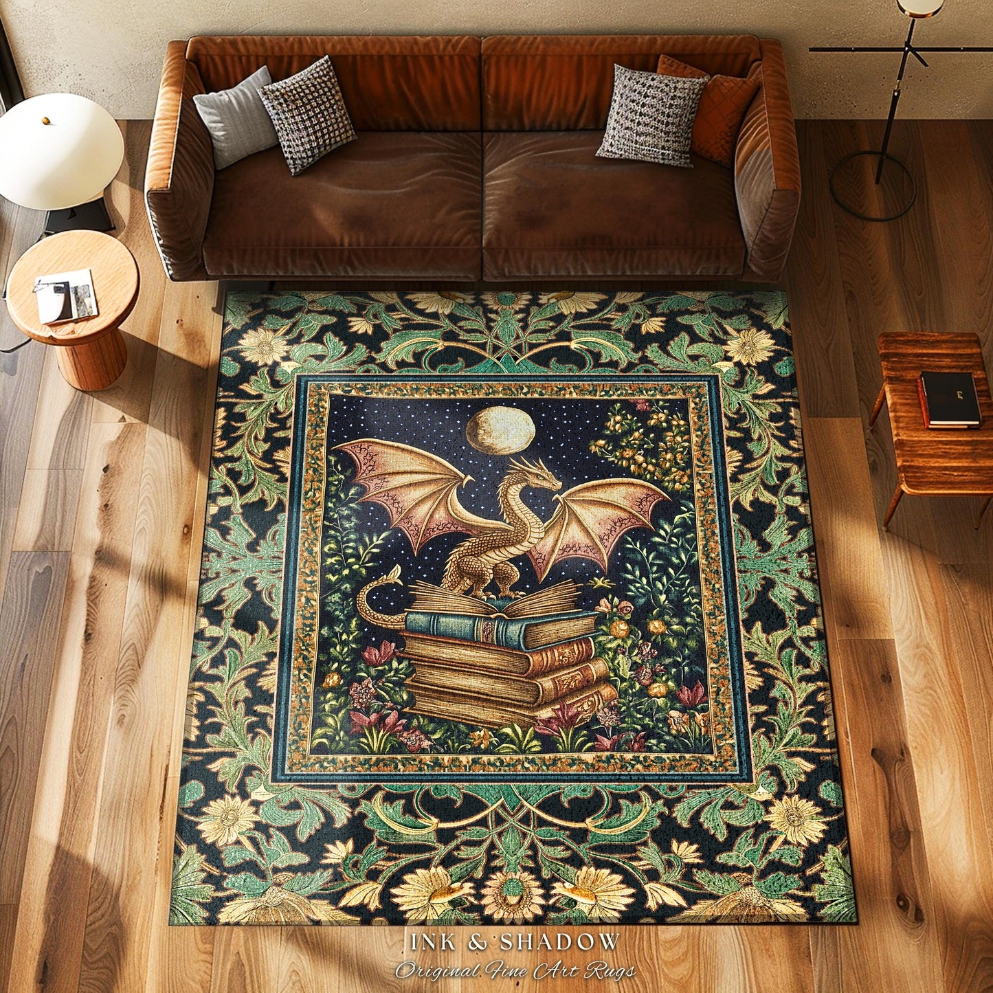 Moonlit Book Dragon Area Rug | Book Nook Victorian Floral Aesthetic Dark Academia Reading Room Storybook Accent Rug Book Lover Home Decor |