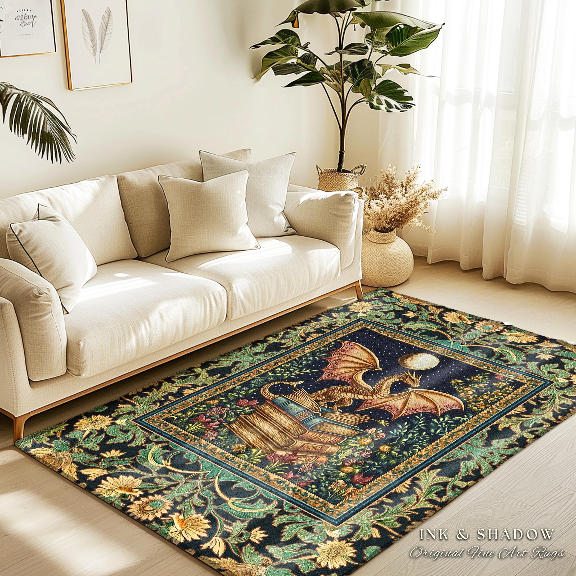 Moonlit Book Dragon Area Rug | Book Nook Victorian Floral Aesthetic Dark Academia Reading Room Storybook Accent Rug Book Lover Home Decor |