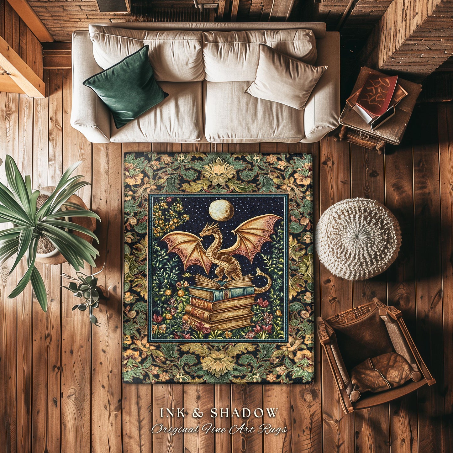 Medieval Library Mystic Dragon Rug | Ethereal Victorian Floral Rug for Book Nook Woodland Fairytale Dark Academia Folklore Style Bedroom |