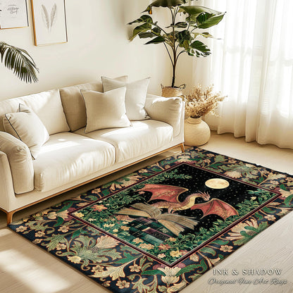 Ethereal Moonlit Dragon Area Rug | Mysticism Aesthetic Dark Cottagecore Decor for Book Nook Whimsigothic Bedroom Medieval Gothic Accent |