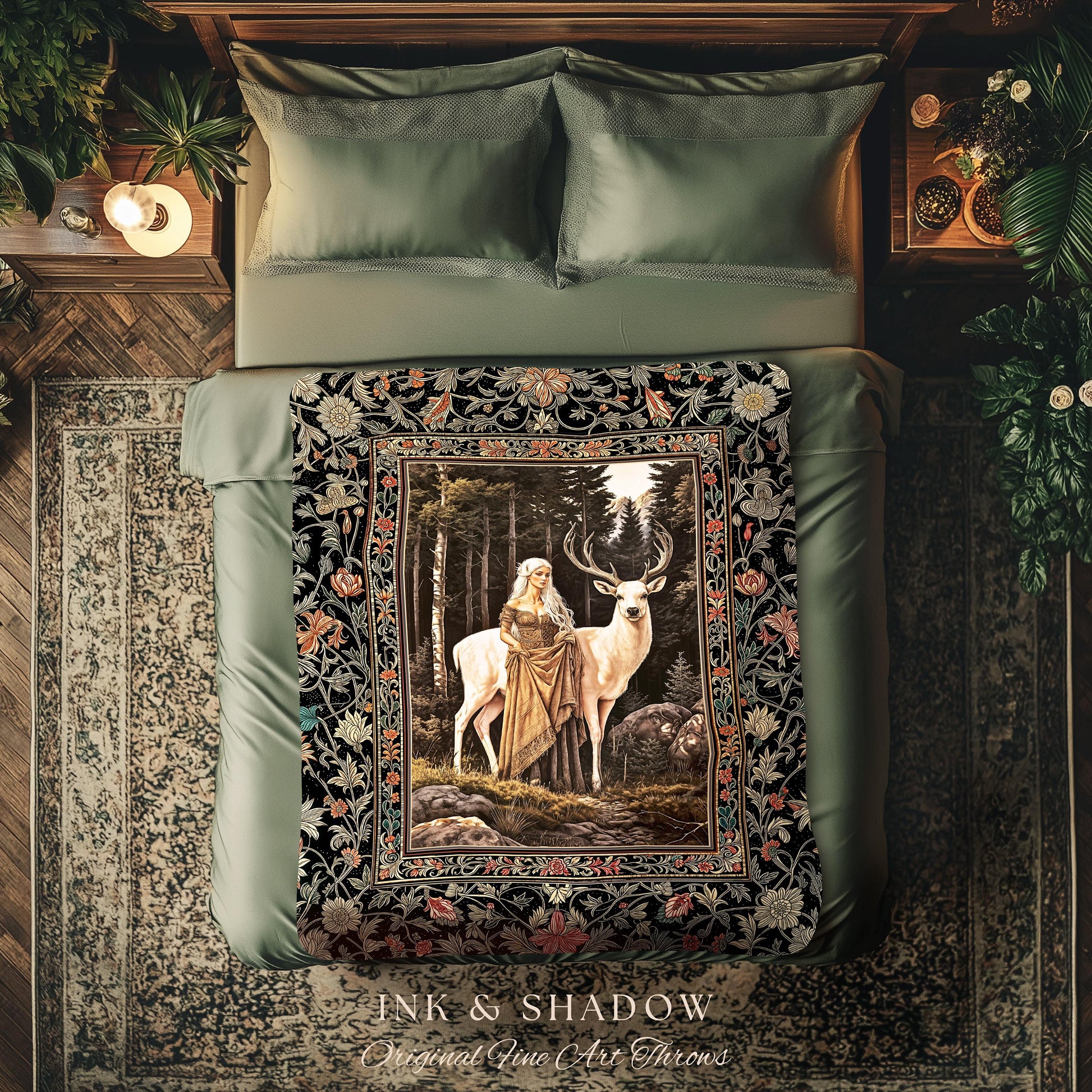 Enchanting Forest Spirit Tapestry | Magical Meadow Fairycore Throw Blanket Ethereal Woodland Princess Renaissance Aesthetic Gothic Woods |