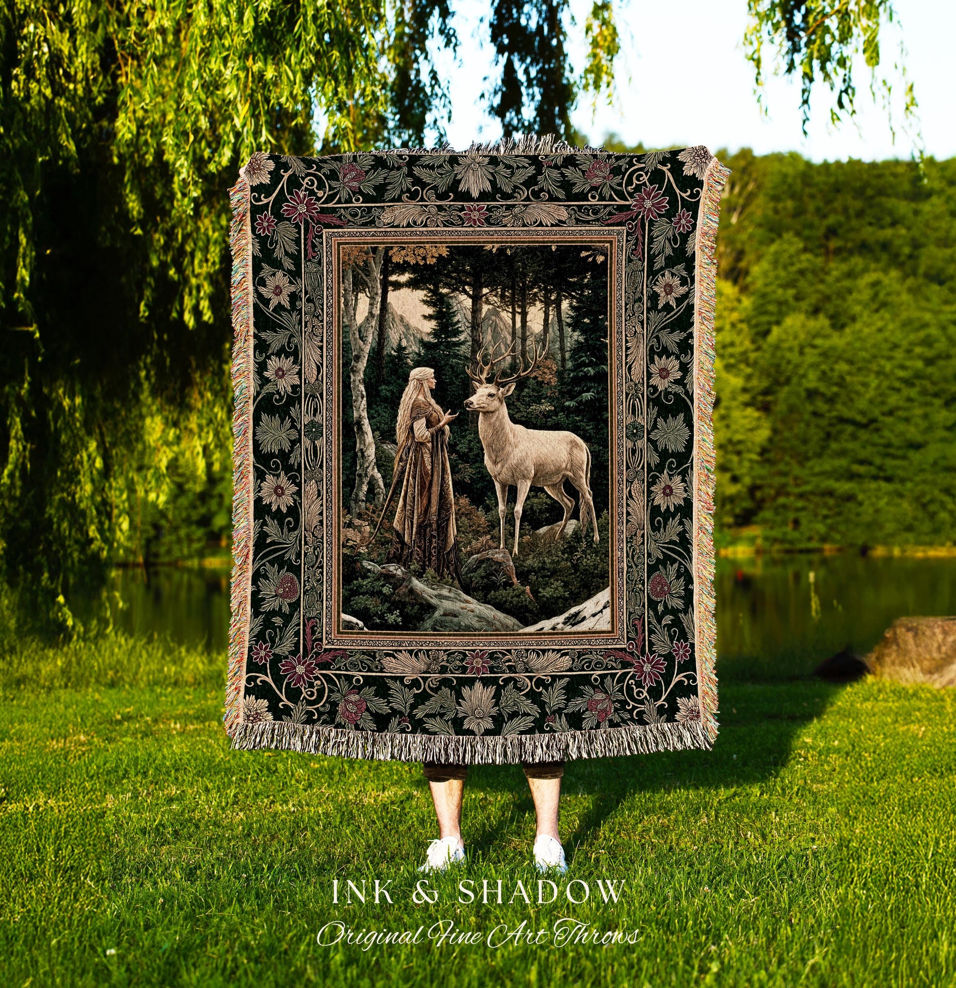 Emerald Forest Spirits Woven Tapestry | Botanical Elegance Woodland Spirits Dark Green Wall Art Goth Fairycore Romantic Woven Throw Blanket