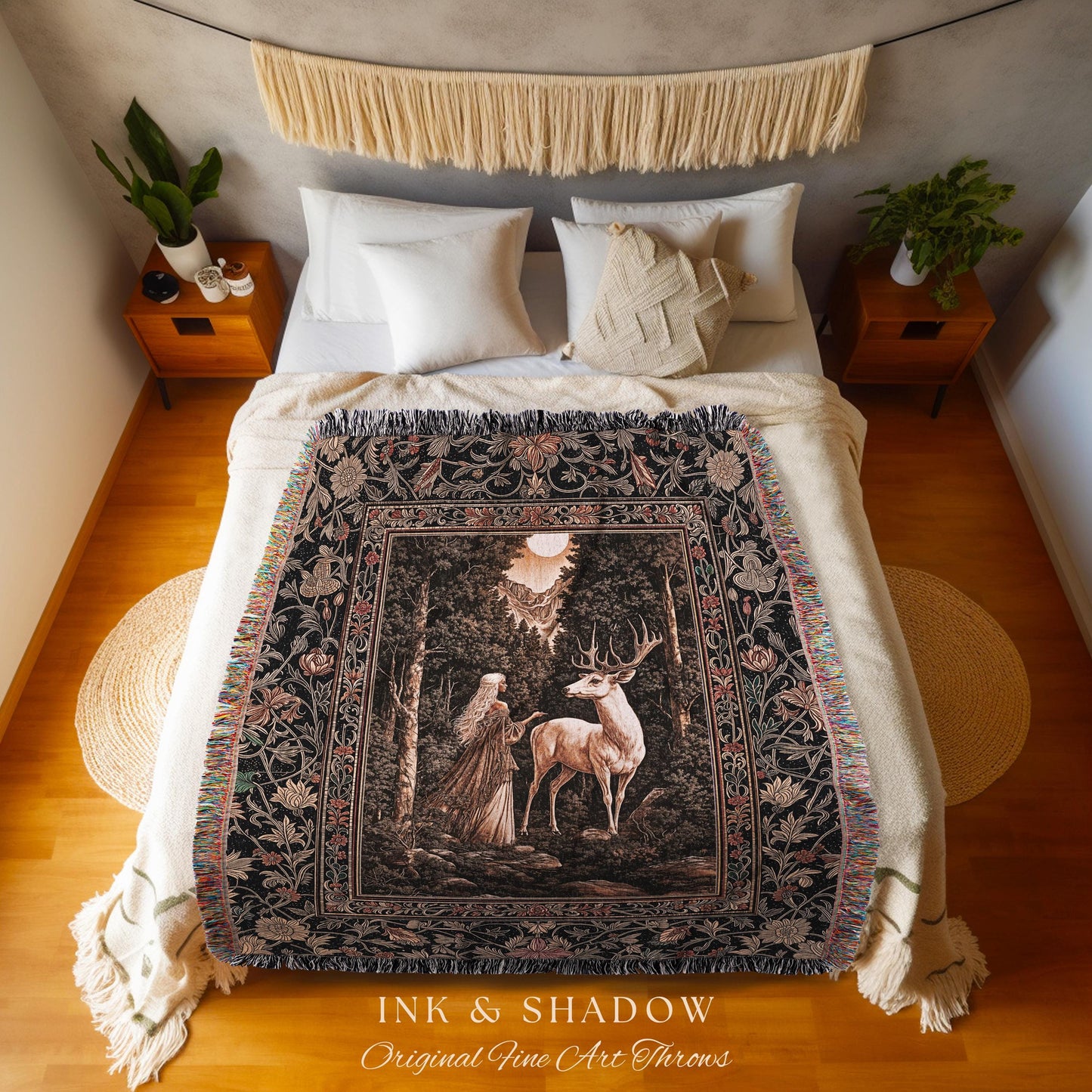 Gothic Woodland Fantasy Throw Blanket | Folklore inspired Nature Landscape Tapestry Fantasy Aesthetic Woven Wall Art Victorian Dark Academia