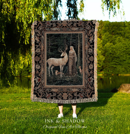 Dark Renaissance Woodland Blanket | Elegant Fairycore Tapestry Woven Throw Mythic Landscape Gothic Forest Spirit Animal Blanket Forest Nymph