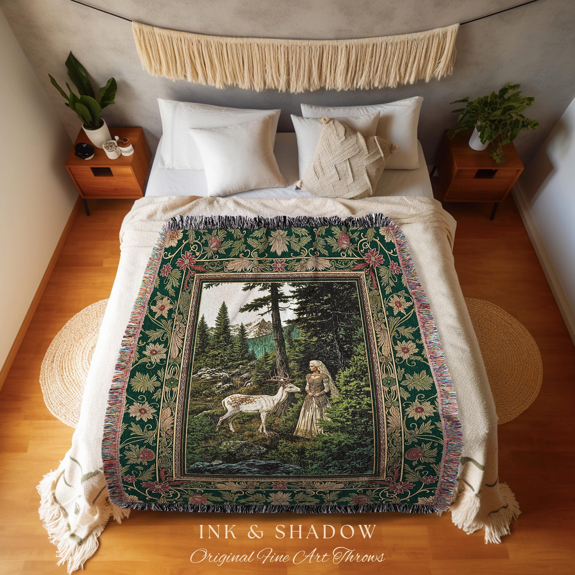 Fairytale Forest Fantasy Throw Blanket | Woodland Whimsy Nymph Tapestry Woven Wall Art Emerald Green Dark Fairycore Romantic Victorian Goth