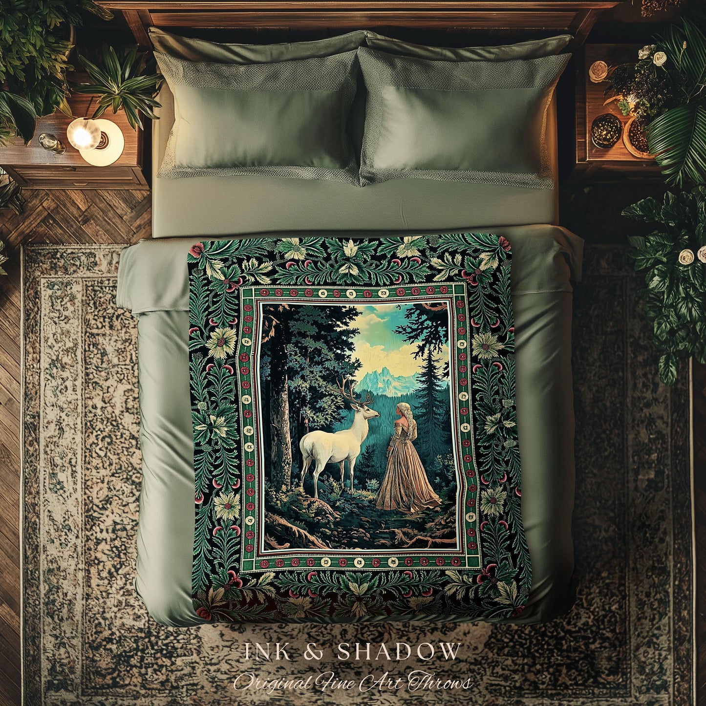 Faerie Realm Mystic Forest Tapestry | Enchanted Gothic Landscape Dark Academia Nature Spirits Woven Throw Blanket Renaissance Magical Art |