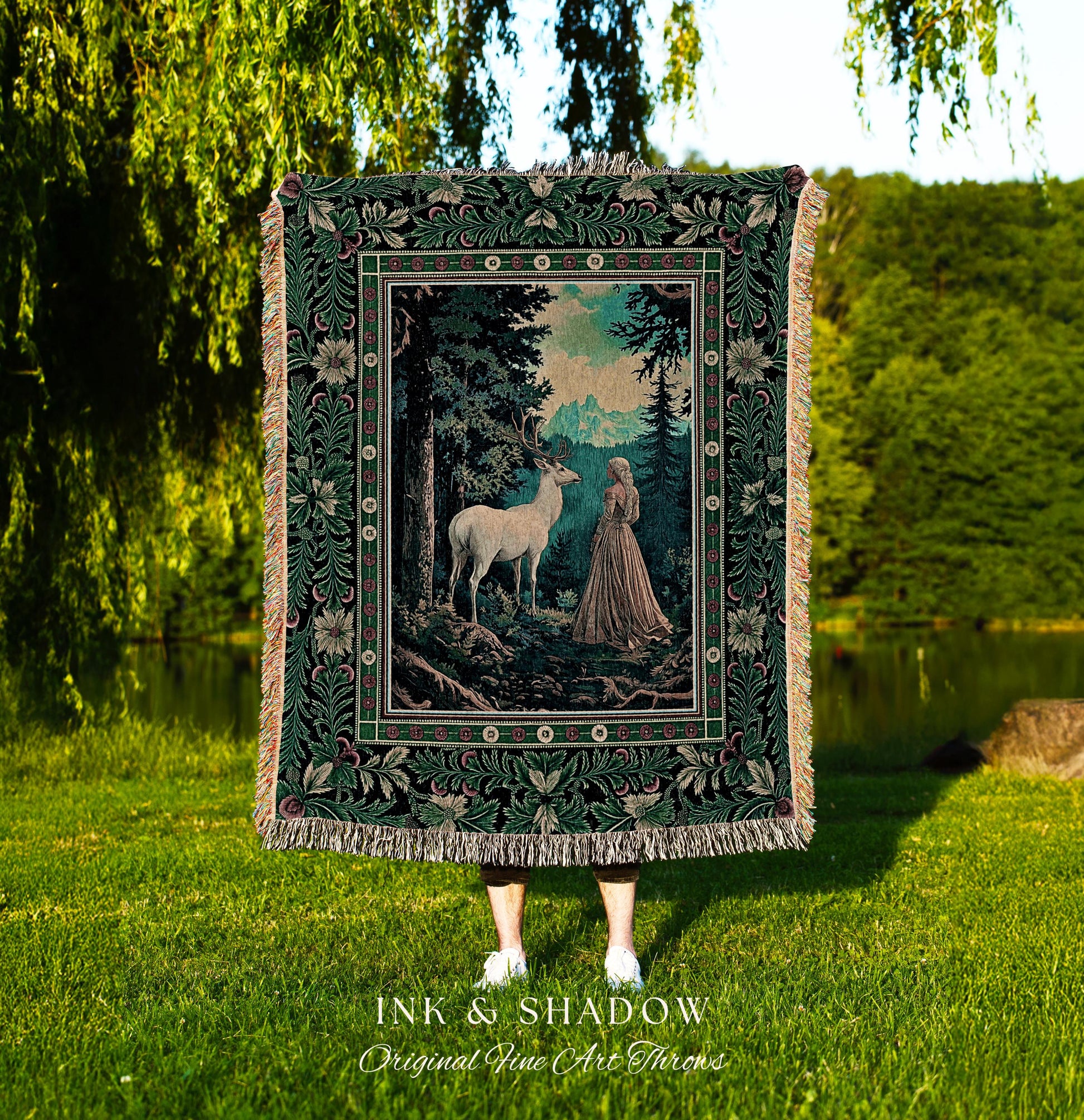 Faerie Realm Mystic Forest Tapestry | Enchanted Gothic Landscape Dark Academia Nature Spirits Woven Throw Blanket Renaissance Magical Art |