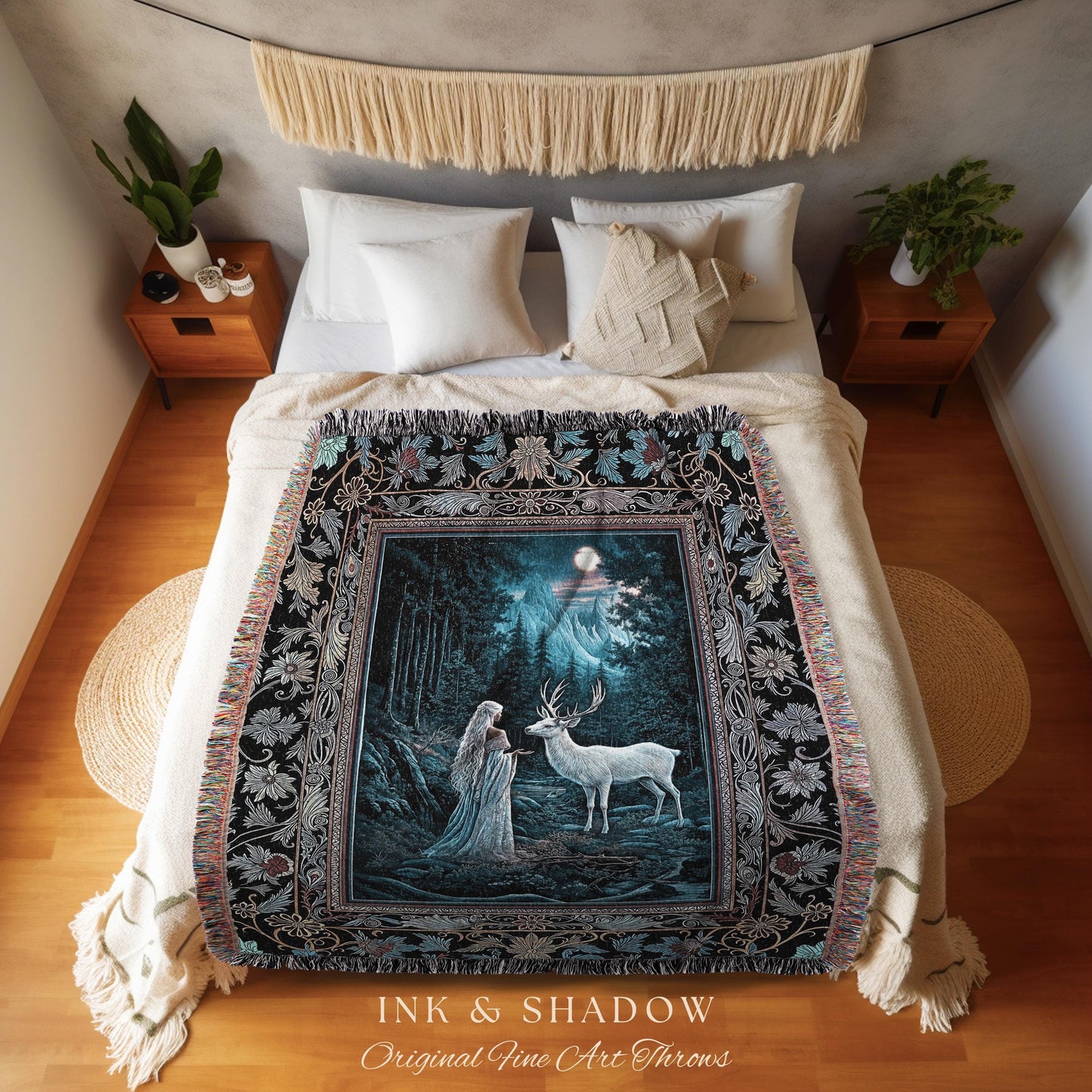 Midnight Magic Moonlit Fantasy Tapestry | Forest Goddess Spirit Animal Fairycore Ethereal Woven Blanket Folklore Inspired Nature Throw |