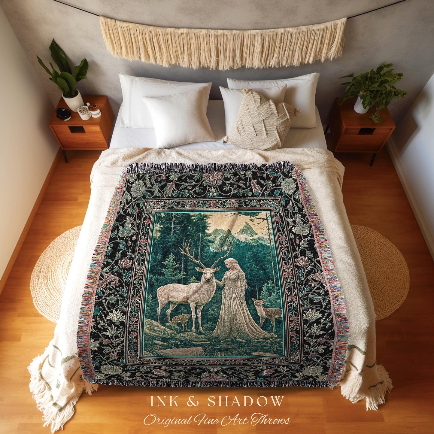 Twilight Forest Spirits Throw Blanket | Mythic Woodland Fairycore Tapestry Royal Gothic Renaissance Folklore Landscape Woven Victorian Decor