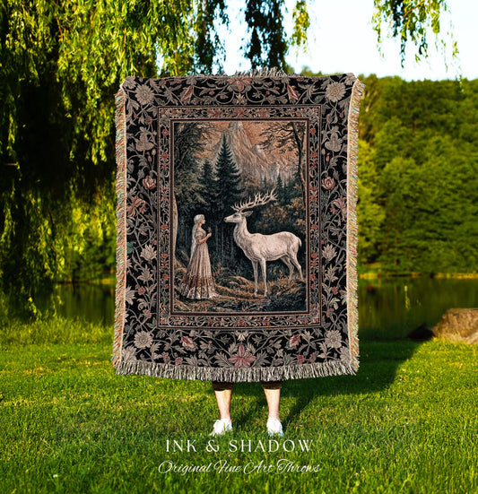 Mythic Landscape Gothic Forest Tapestry | Woodland Goddess Mystic Deer Blanket Forest Nymph Fairycore Woven Throw Magical Botanical Scene |