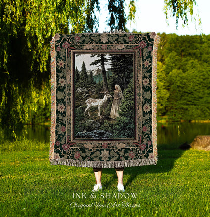 Fairytale Forest Fantasy Throw Blanket | Woodland Whimsy Nymph Tapestry Woven Wall Art Emerald Green Dark Fairycore Romantic Victorian Goth