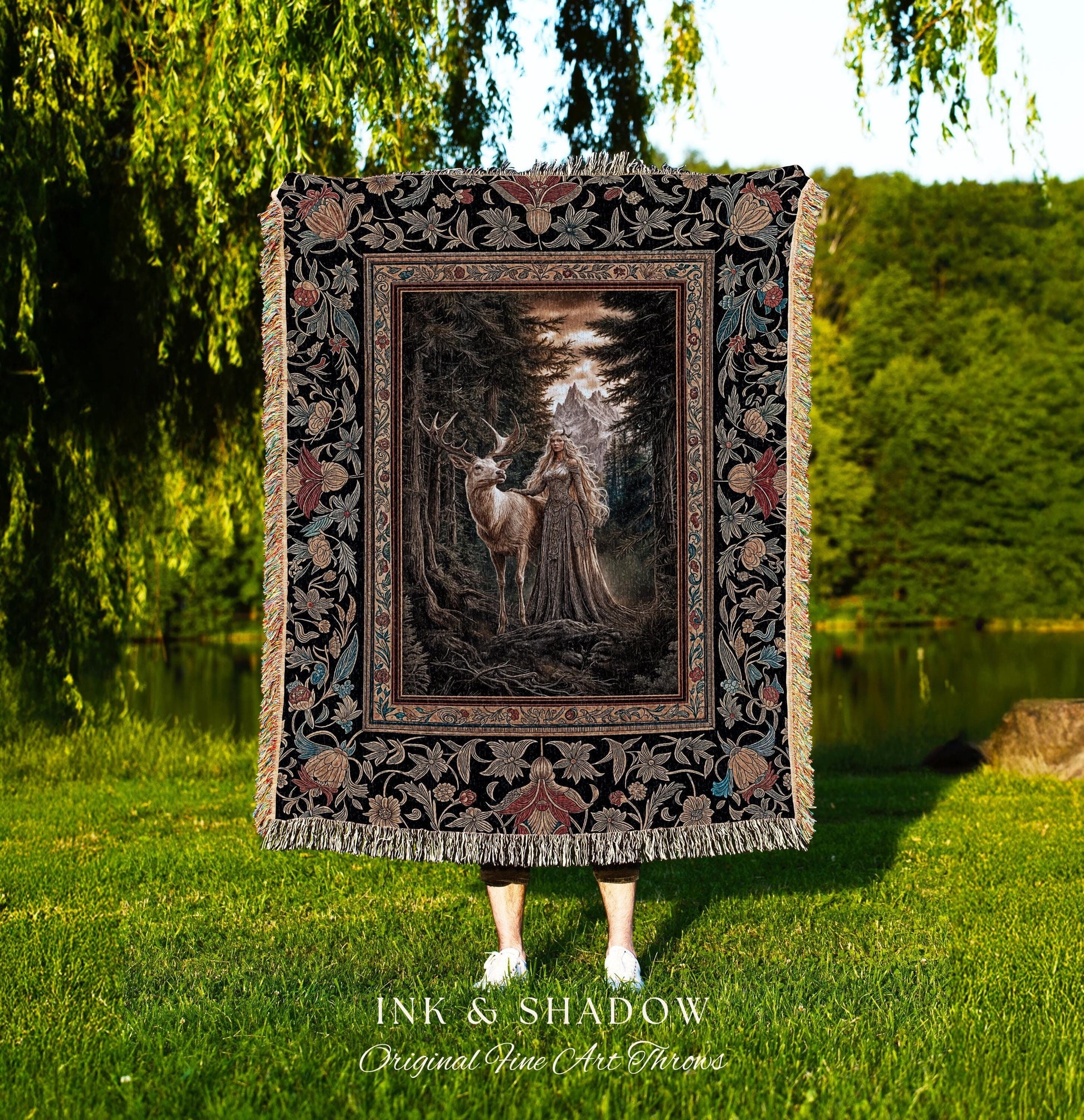 Enchanted Woods Fairytale Woven Tapestry | Dark Cottagecore Whimsical Royal Gothic Folklore Inspired Woodland Magic Landscape Throw Blanket