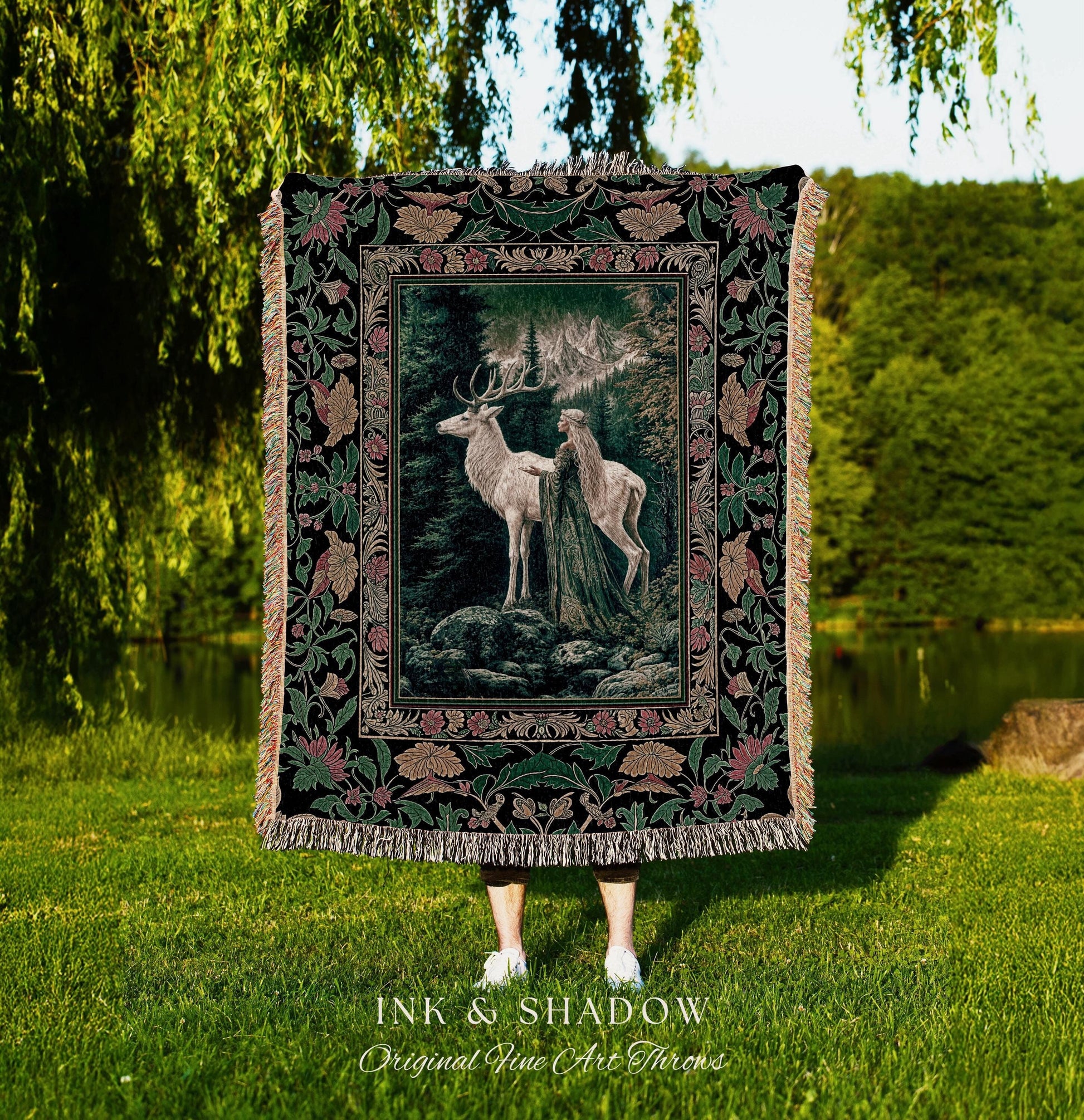 Woodland Guardian Ethereal Woven Blanket | Forest Goddess Tapestry Folklore Fairytale Fantasy Renaissance Dark Academia Forest Spirit Animal