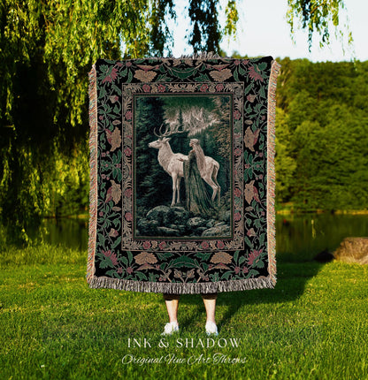 Woodland Guardian Ethereal Woven Blanket | Forest Goddess Tapestry Folklore Fairytale Fantasy Renaissance Dark Academia Forest Spirit Animal