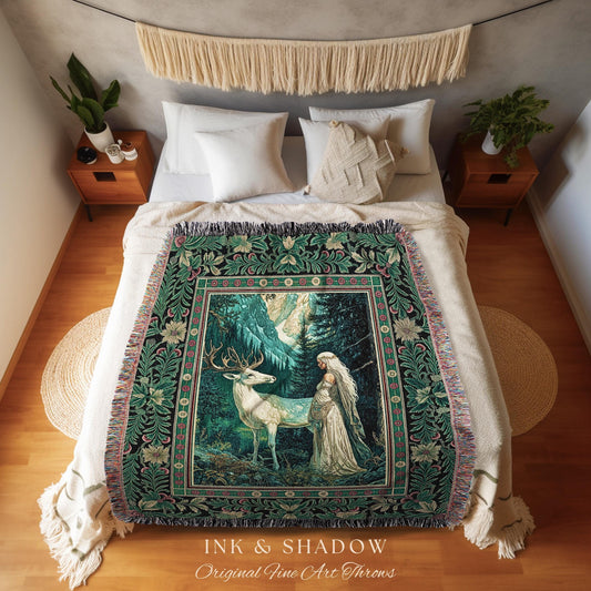 Magic Forest Princess Woven Throw Blanket | Fairytale Fantasy Renaissance Dark Academia Forest Spirit Ethereal Woodland Folklore Tapestry