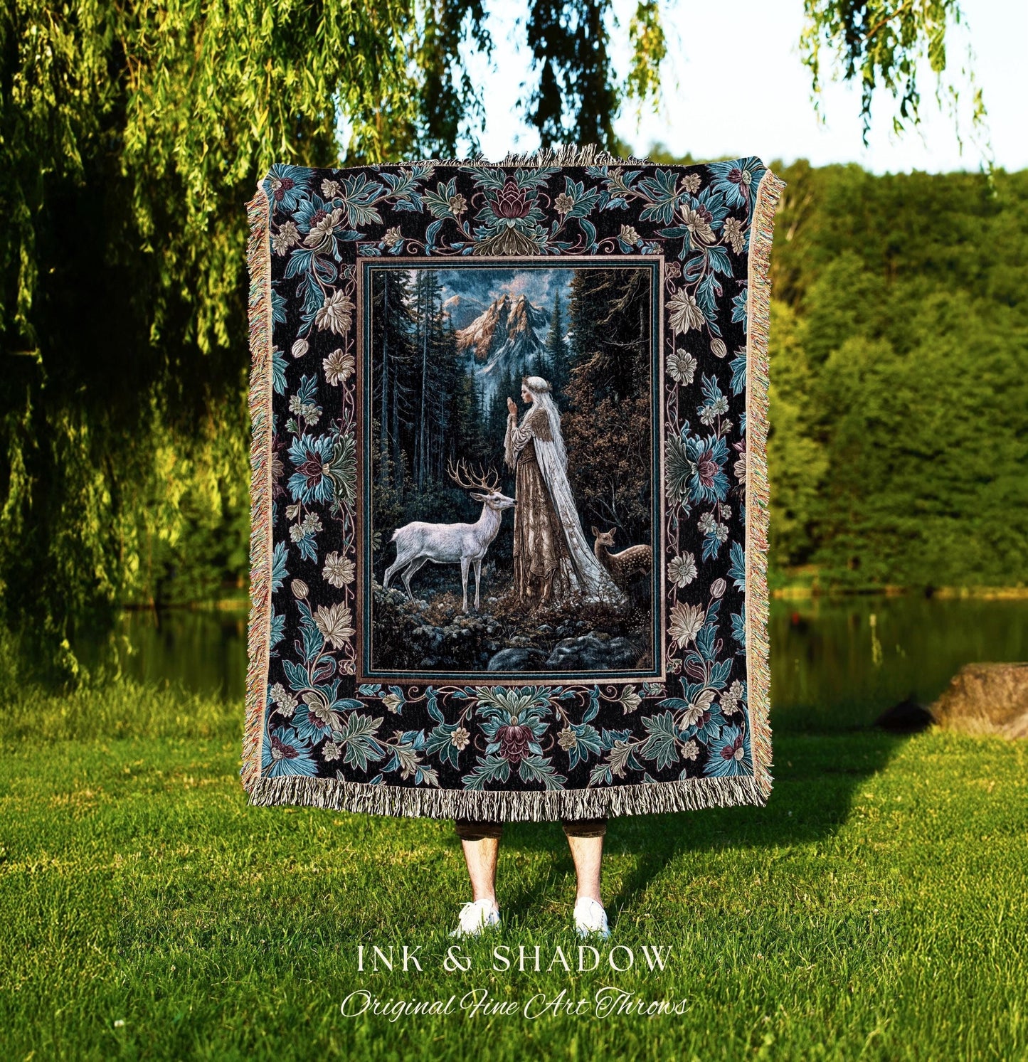 Magical Forest Fantasy Tapestry | Ancient Druid Throw Blanket Woodland Spirit Animal Fairytale Decor Ethereal Woven Blanket Folklore Artwork