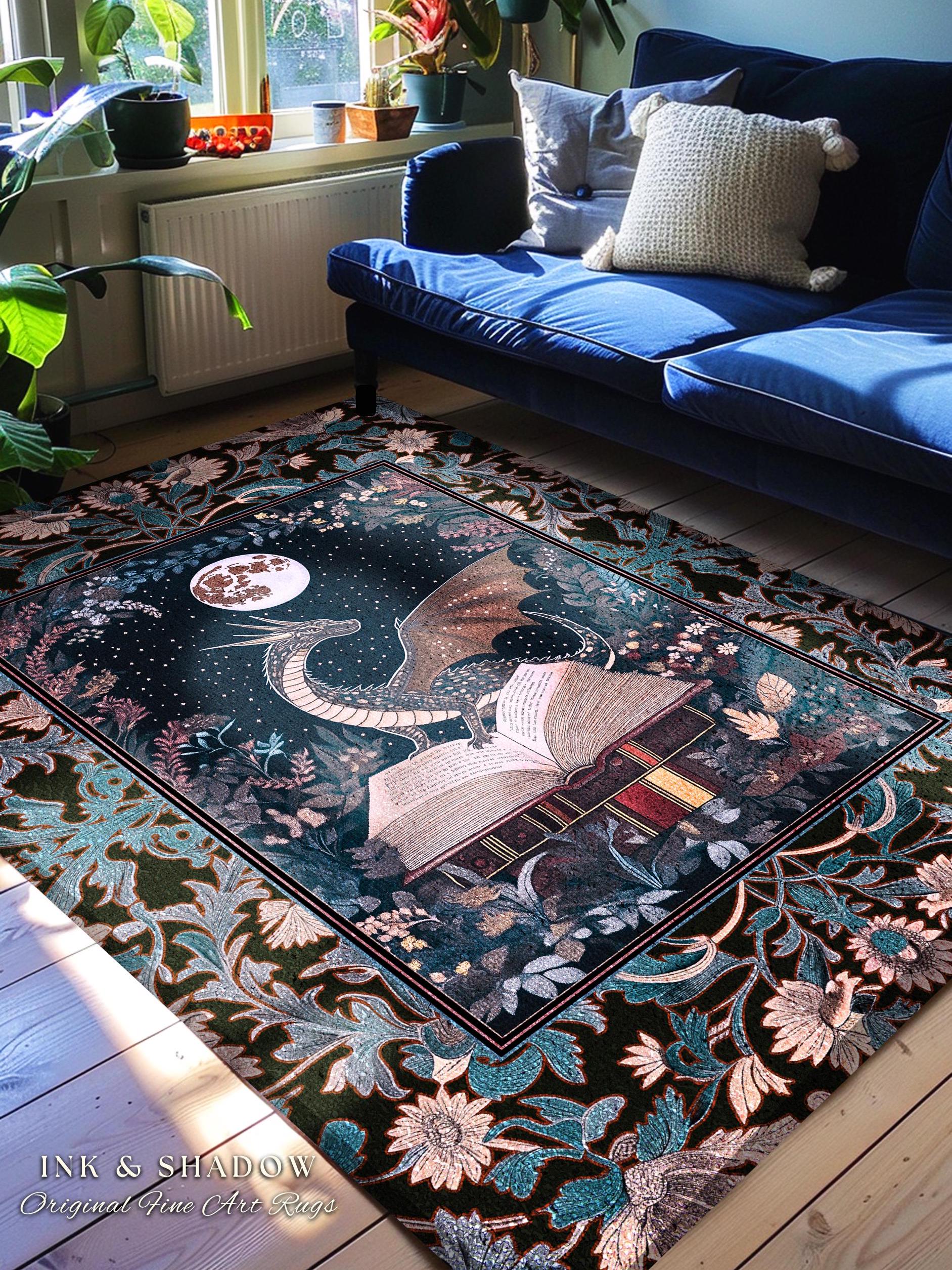 Reading Rug Ethereal Dragon Decor | Whimsical Bedroom Dark Academia Book Loving Ethereal Bedroom Whimsigothic Fantasy Floor Rug Moody Art