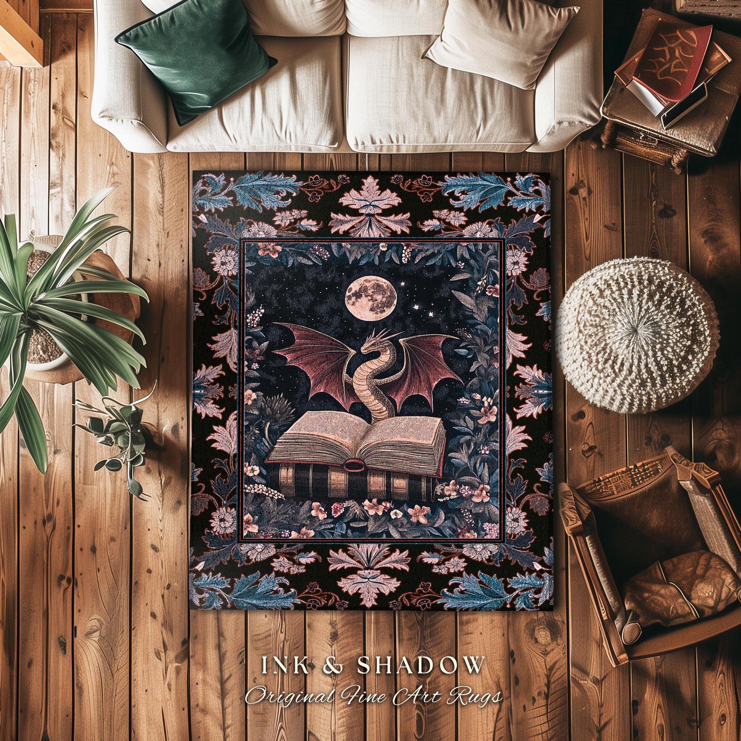 Dark Magic Dragon Theme Rug | Mystic Academia Medieval Fantasy Area Rug Moonlit Romantic Baroque Tree Ethereal Fantasy Reading Room Decor |