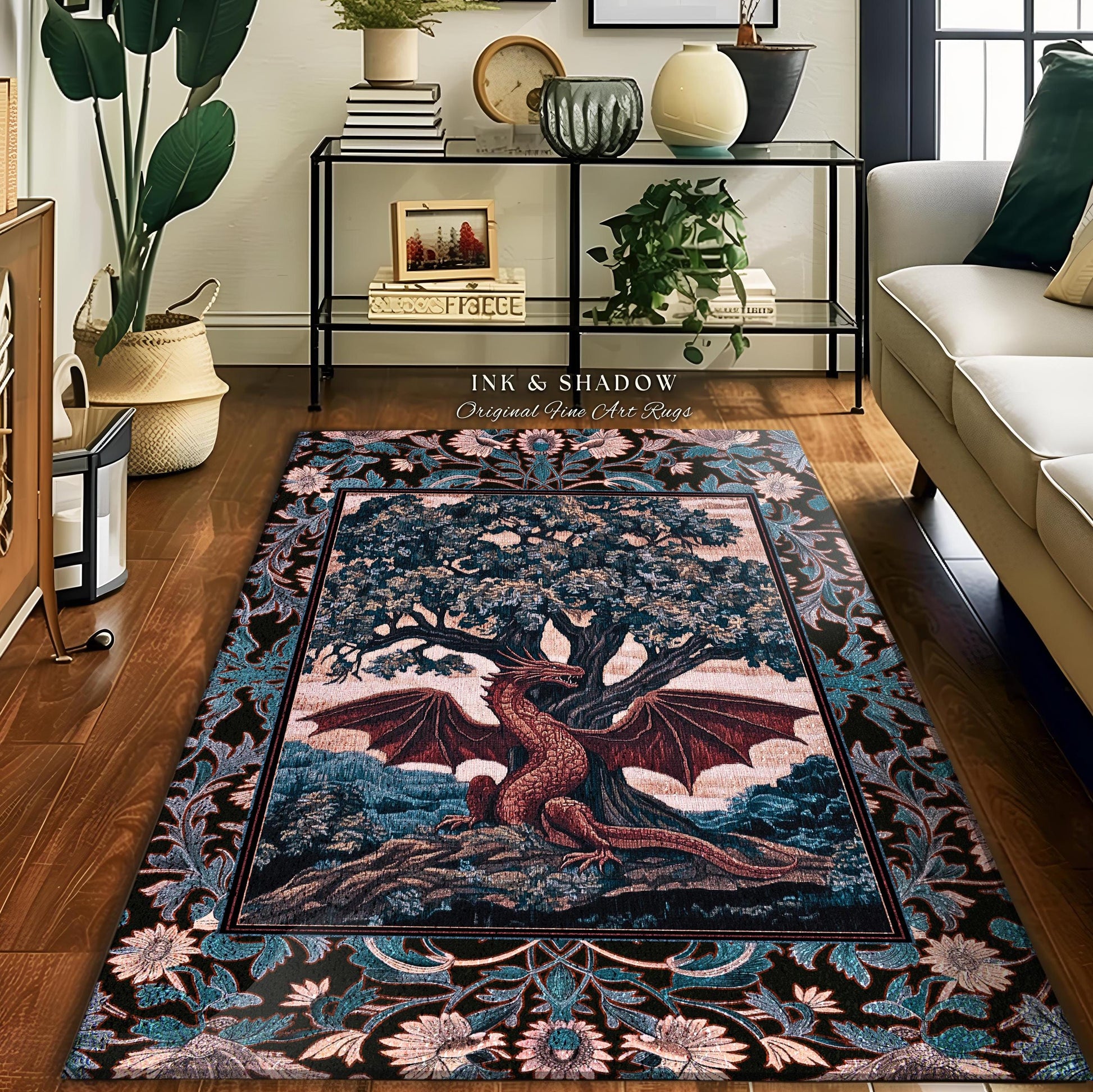 Rustic Medieval Fantasy Dragon Area Rug | Romantic Aesthetic Baroque Bedroom Fantasy Tree of Life Botanical Mythical Creatures Bedroom Art |