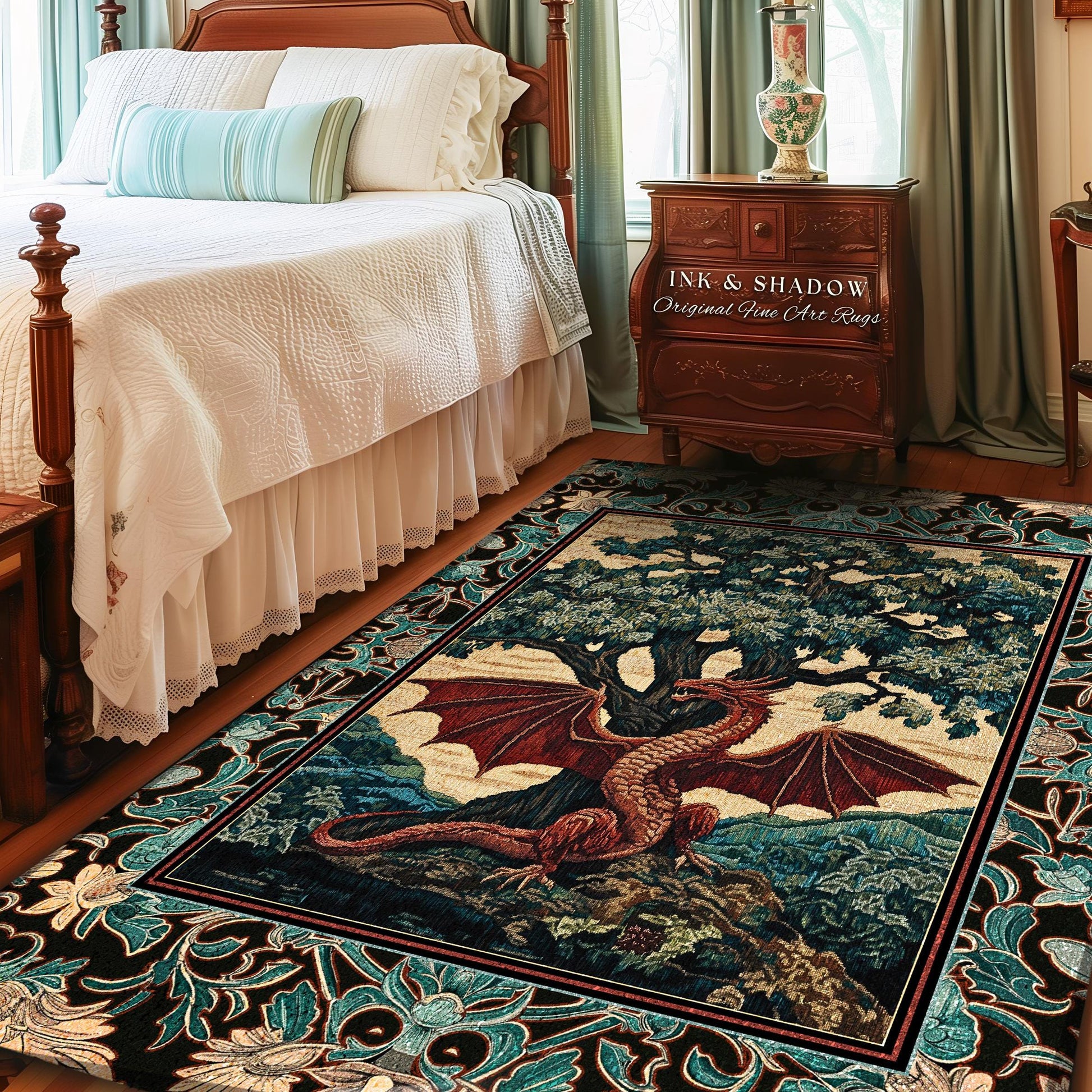 Dark Magic Medieval Dragon Area Rug | Fantasy Aesthetic Gothic Baroque Bedroom Tree of Life Mythical Creatures Bedroom Book Nook Carpet Rug