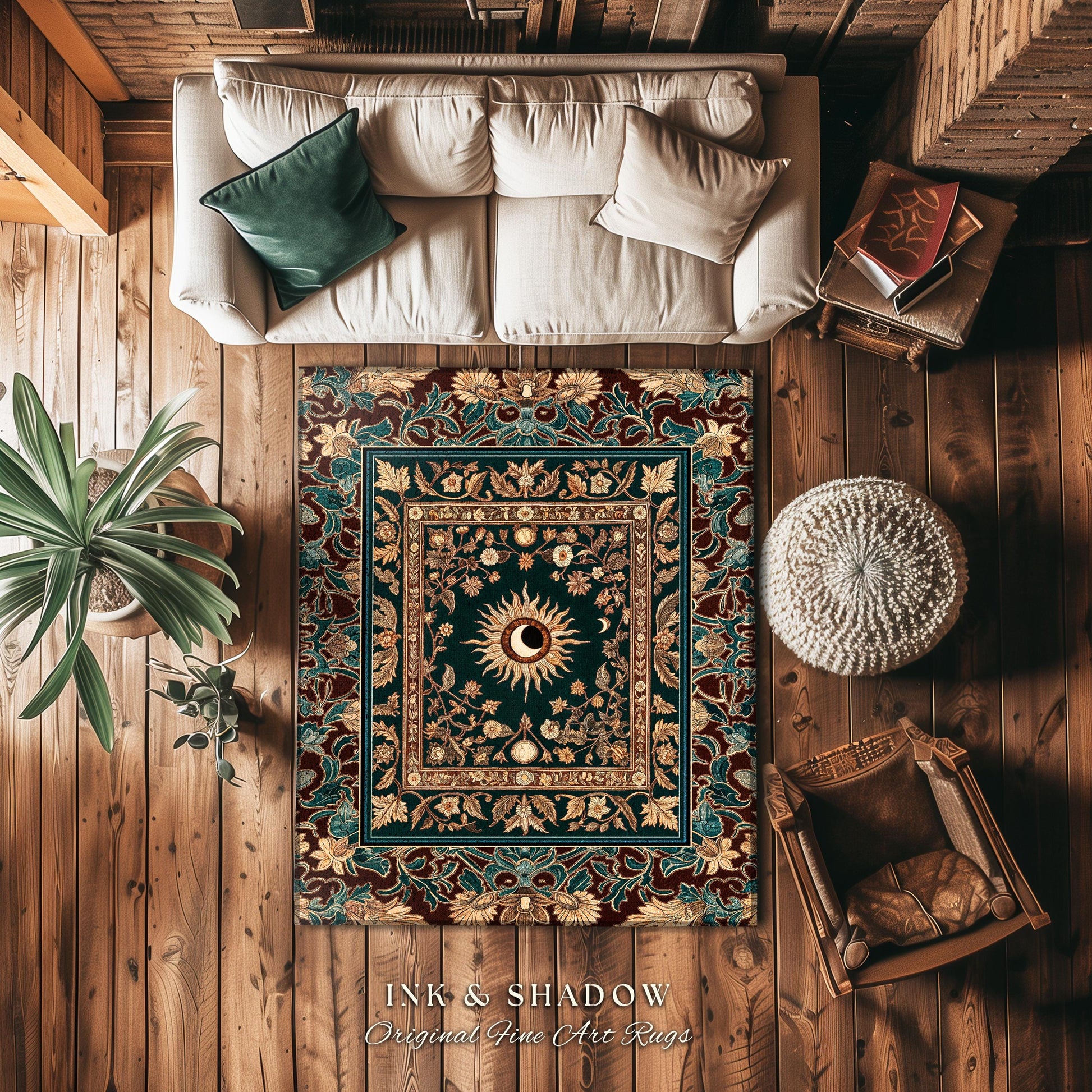 Moon and Sun Ethereal Bohemian Rug | Celestial Tarot Aesthetic Zodiac Inspired Floral Maximalist Bedroom Ethereal Astrology Witchy Area Rug