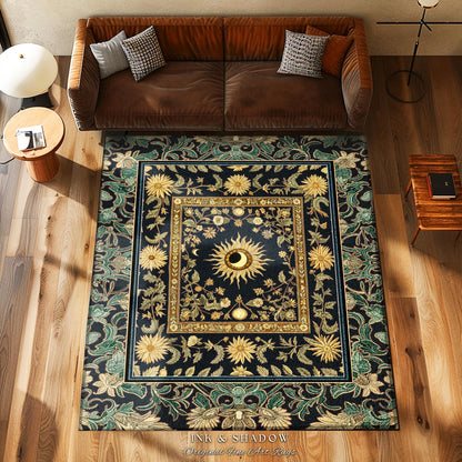 Earthy Spiritual Sun Accent Rug | Hippie Gothic Botanical Ethereal Mystic Bedroom Rug Whimsical Celestial Tarot Aesthetic Astrology Witchy |