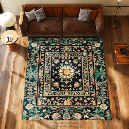 Witchy Sun Dark Academia Rug | Bohemian Rustic Whimsical Gothic Maximalist Bedroom Rug Whimsical Celestial Astrology Aesthetic Magical Home