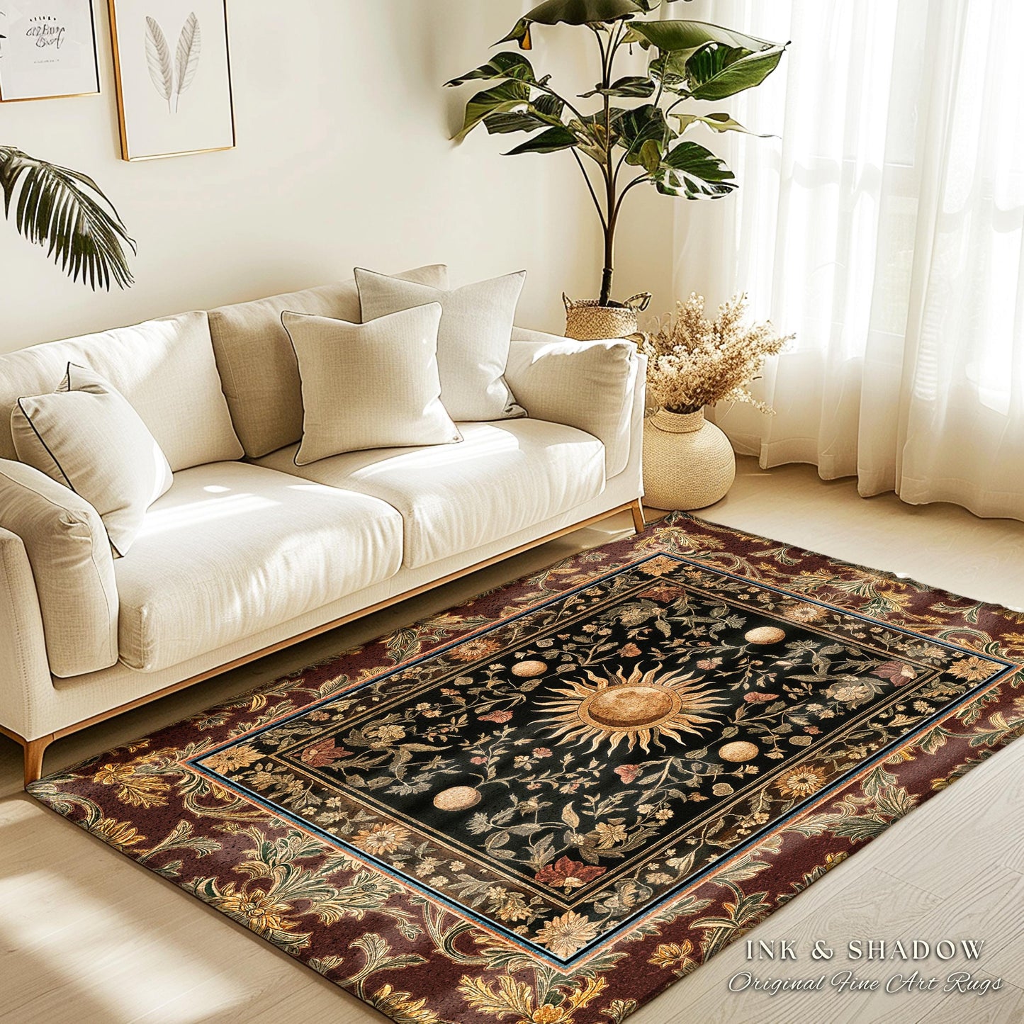 Regal Rococo Skies Celestial Area Rug | Enchanted Celestial Witchy Astrology Boho Maximalist Decor Sun and Moon Tarot Inspired Gothic Accent