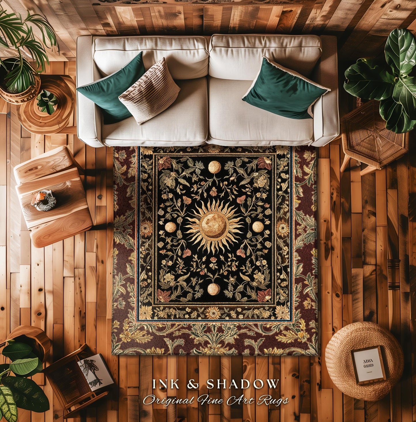 Dark Skies Celestial Area Rug | Enchanted Celestial Witchy Astrology Boho Maximalist Decor Sun and Moon Tarot Inspired Gothic Home Accent