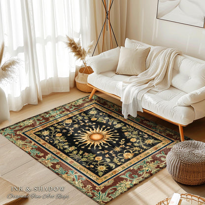 Ethereal Energy Celestial Bedroom Rug | Mystic Boho Maximalist Astrology Inspired Witchy Sun and Moon Gothic Tarot Aesthetic Enchanted Decor