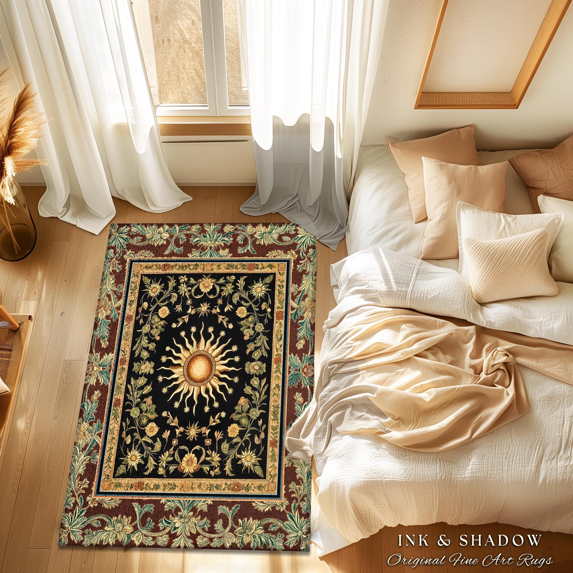 Ethereal Energy Celestial Bedroom Rug | Mystic Boho Maximalist Astrology Inspired Witchy Sun and Moon Gothic Tarot Aesthetic Enchanted Decor