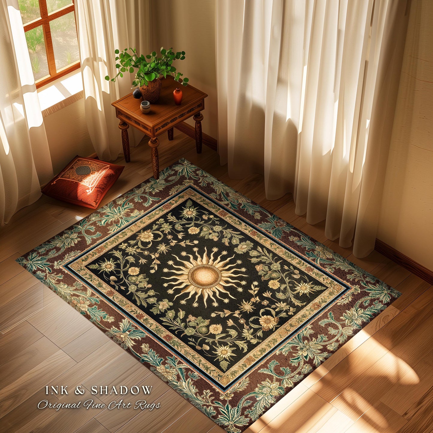 Ethereal Energy Celestial Bedroom Rug | Mystic Boho Maximalist Astrology Inspired Witchy Sun and Moon Gothic Tarot Aesthetic Enchanted Decor