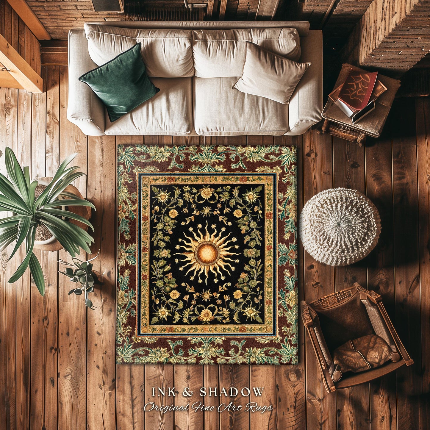 Ethereal Energy Celestial Bedroom Rug | Mystic Boho Maximalist Astrology Inspired Witchy Sun and Moon Gothic Tarot Aesthetic Enchanted Decor