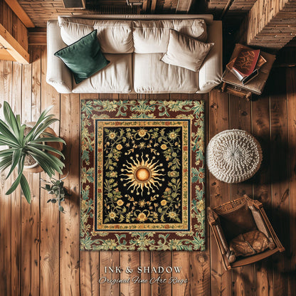 Ethereal Energy Celestial Bedroom Rug | Mystic Boho Maximalist Astrology Inspired Witchy Sun and Moon Gothic Tarot Aesthetic Enchanted Decor