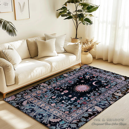 Midnight Lavender Celestial Rug | Witchy Pastel Tarot-Inspired Bohemian Sun and Moon Maximalist Astrology Whimsical Purple Bedroom Decor |